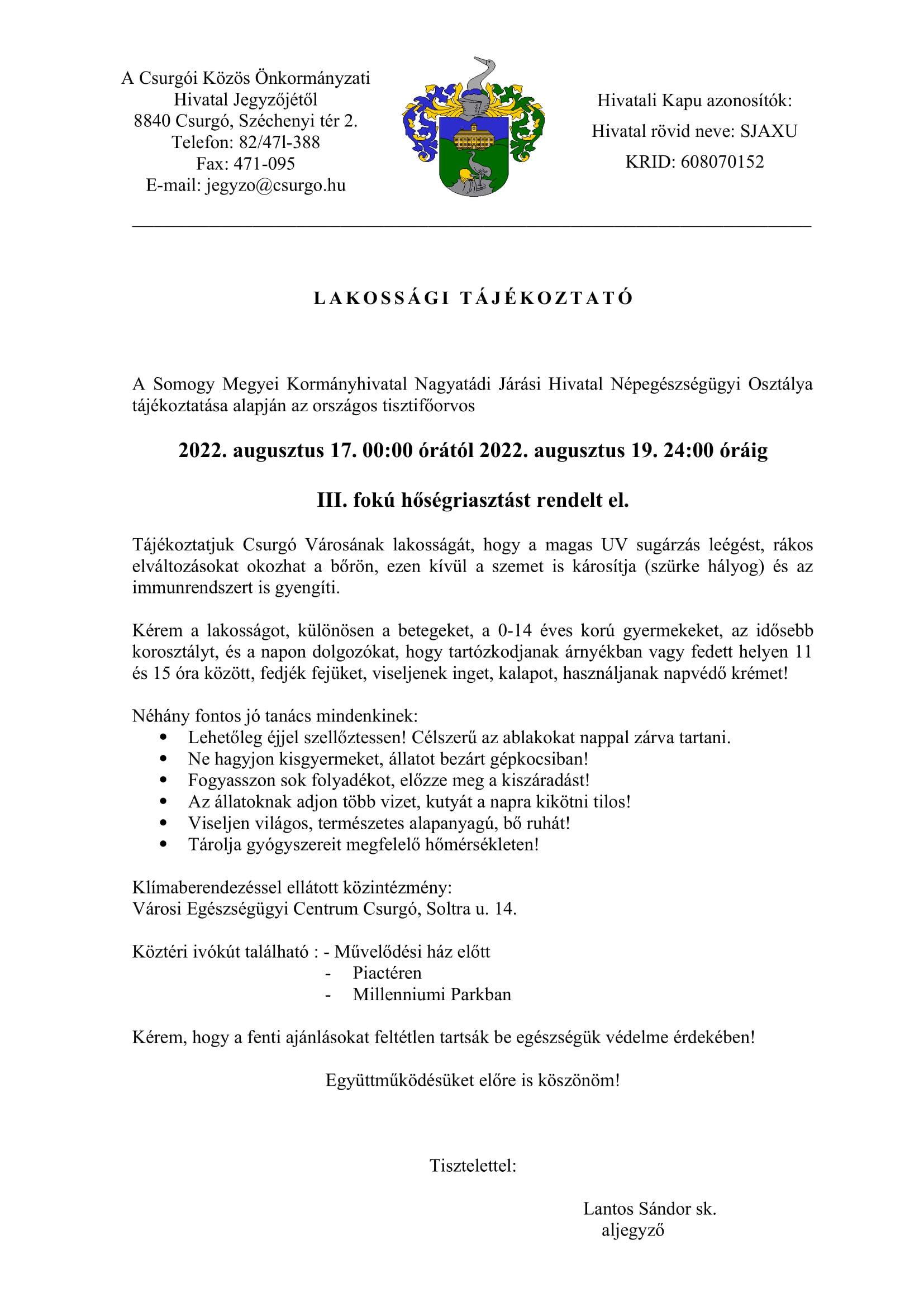 Hőségriasztás 2022 III.hirdetmény 08.17. 1
