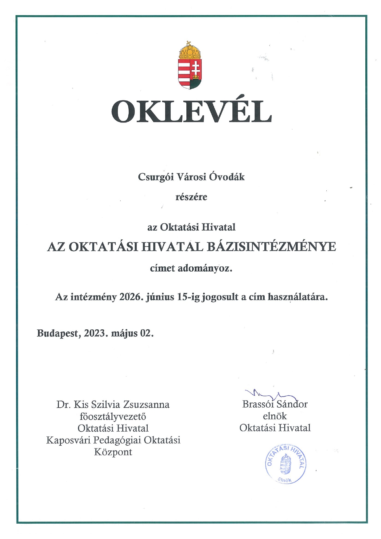 Bázisintézményi oklevél page 0001