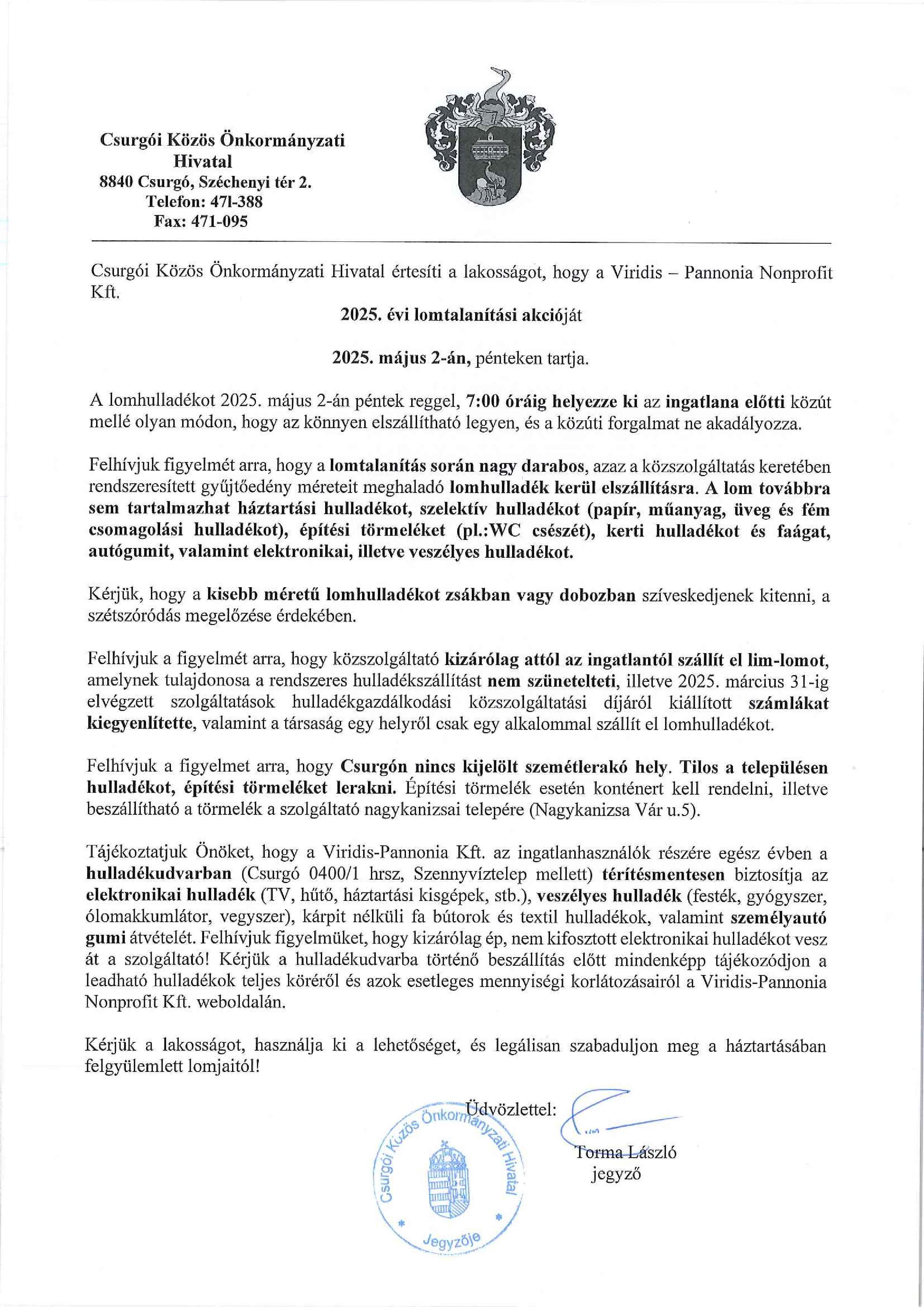 Lomtalanítás 2025 május Csurgó LR