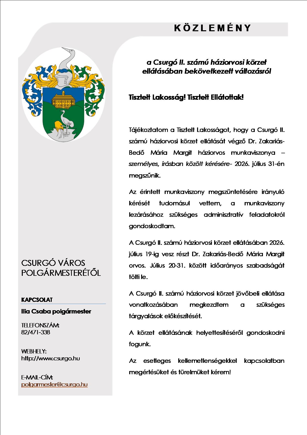 Közlemény háziorvos II 0701