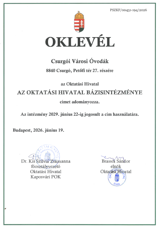 Bázisintézmény oklevél