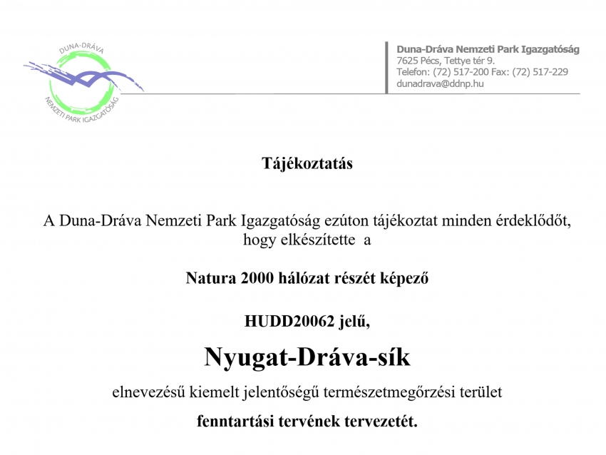 Tájékoztatás - Nyugat-Dráva-sík fenntartási terv tervezetének elkészítéséről