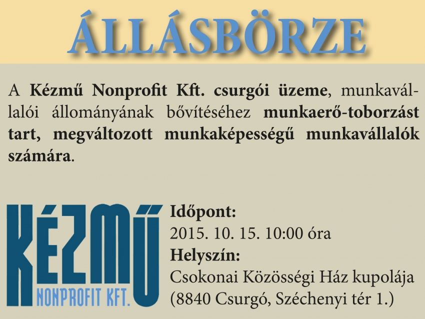 Állásbörze - Kézmű Nonprofit Kft. csurgói telephelye