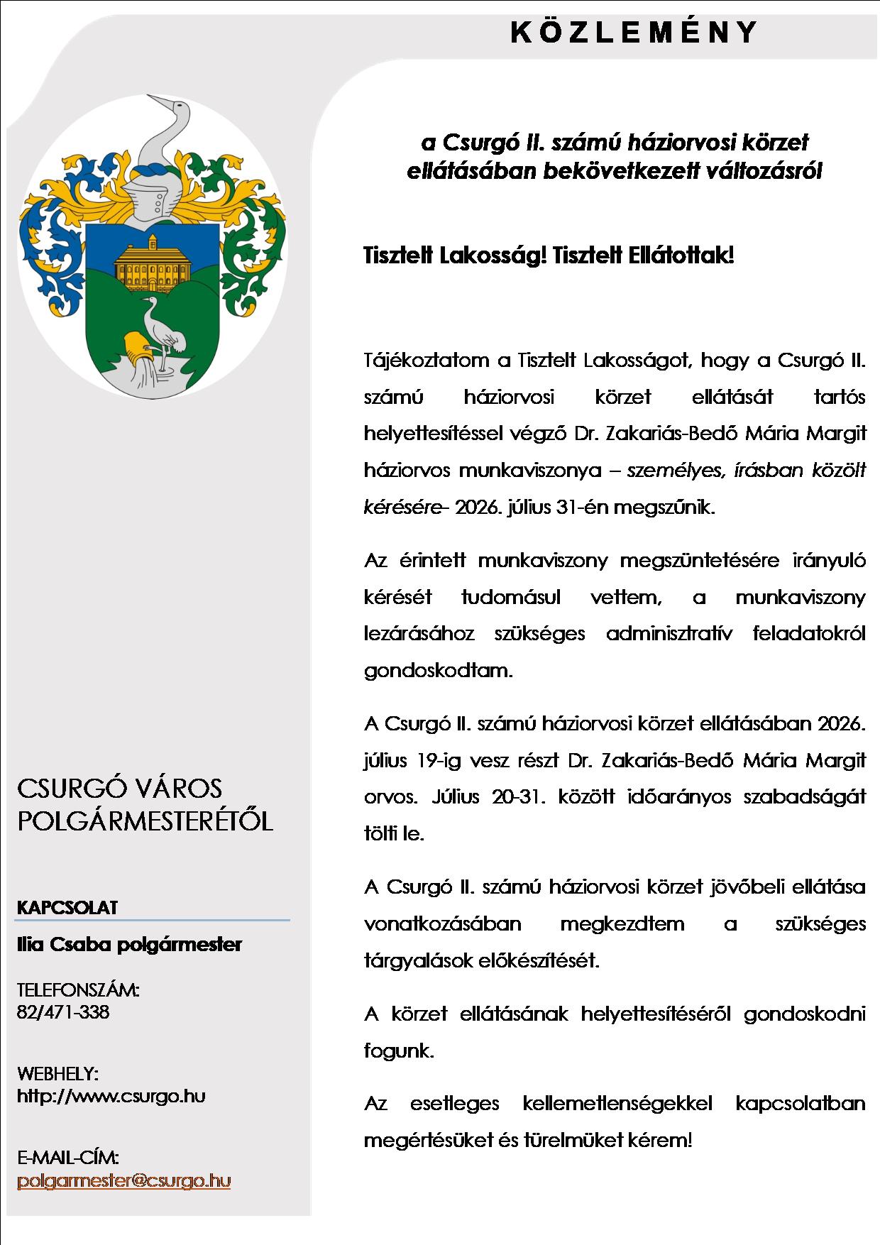 Közlemény háziorvos II 0701 2