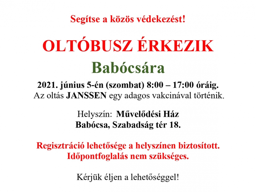 Oltóbusz érkezik Babócsára